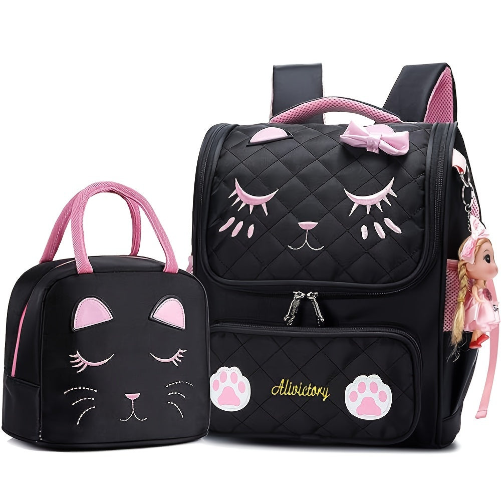 2pcs College Backpack with Lunch Bag Women's Backpack, Cute Backpack, Women's Bag, Cat Bag, Travel Backpack-Black